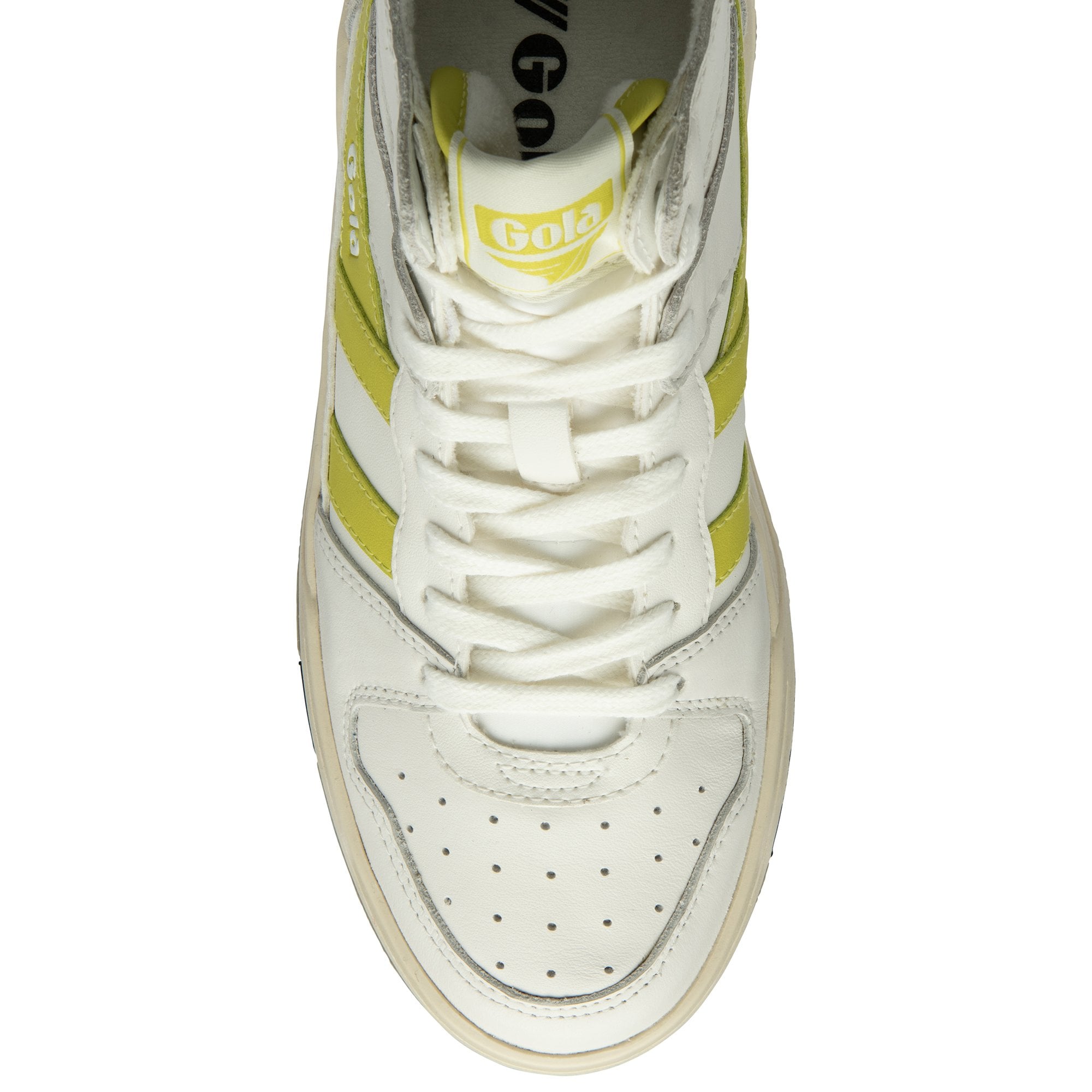 Top-down view of a white Gola high-top sneaker with yellow details and laces.
