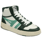 Front-side view of a Gola high-top sneaker in white, dark green, and light green.