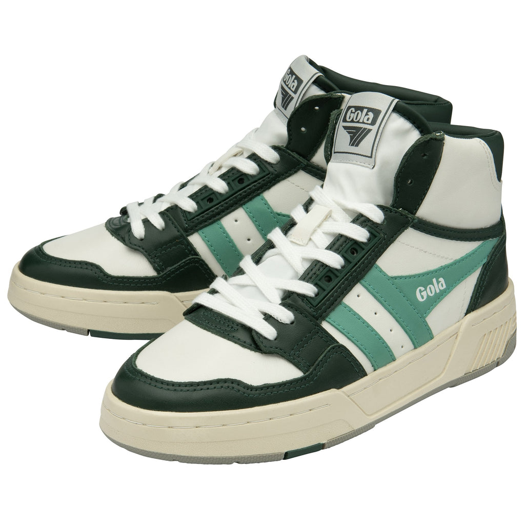 Pair of Gola high-top sneakers in white, dark green, and light green.
