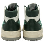 Rear view of a pair of Gola high-top sneakers in white, dark green, and light green.