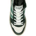 Top-down view of a Gola high-top sneaker in white, dark green, and light green.