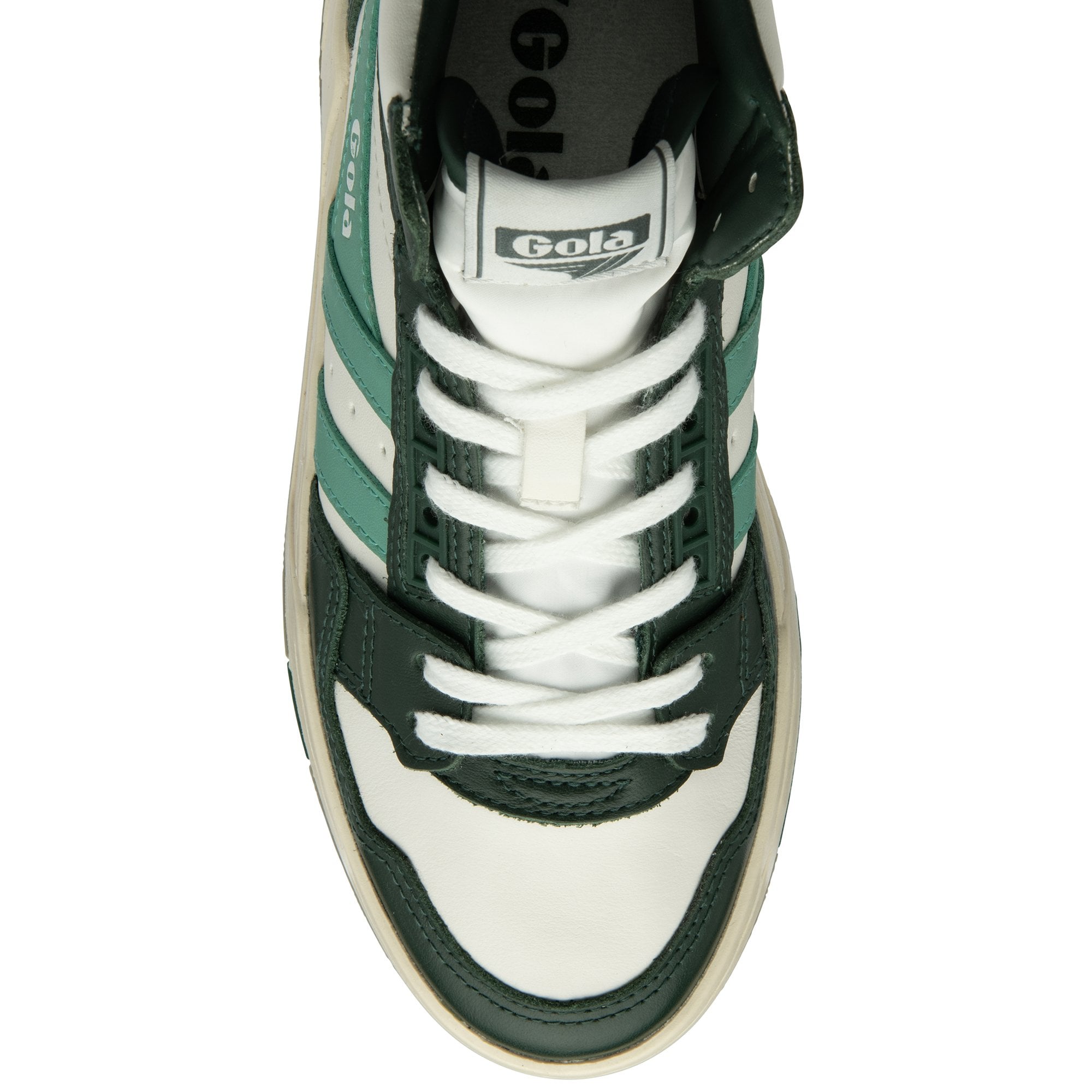 Top-down view of a Gola high-top sneaker in white, dark green, and light green.