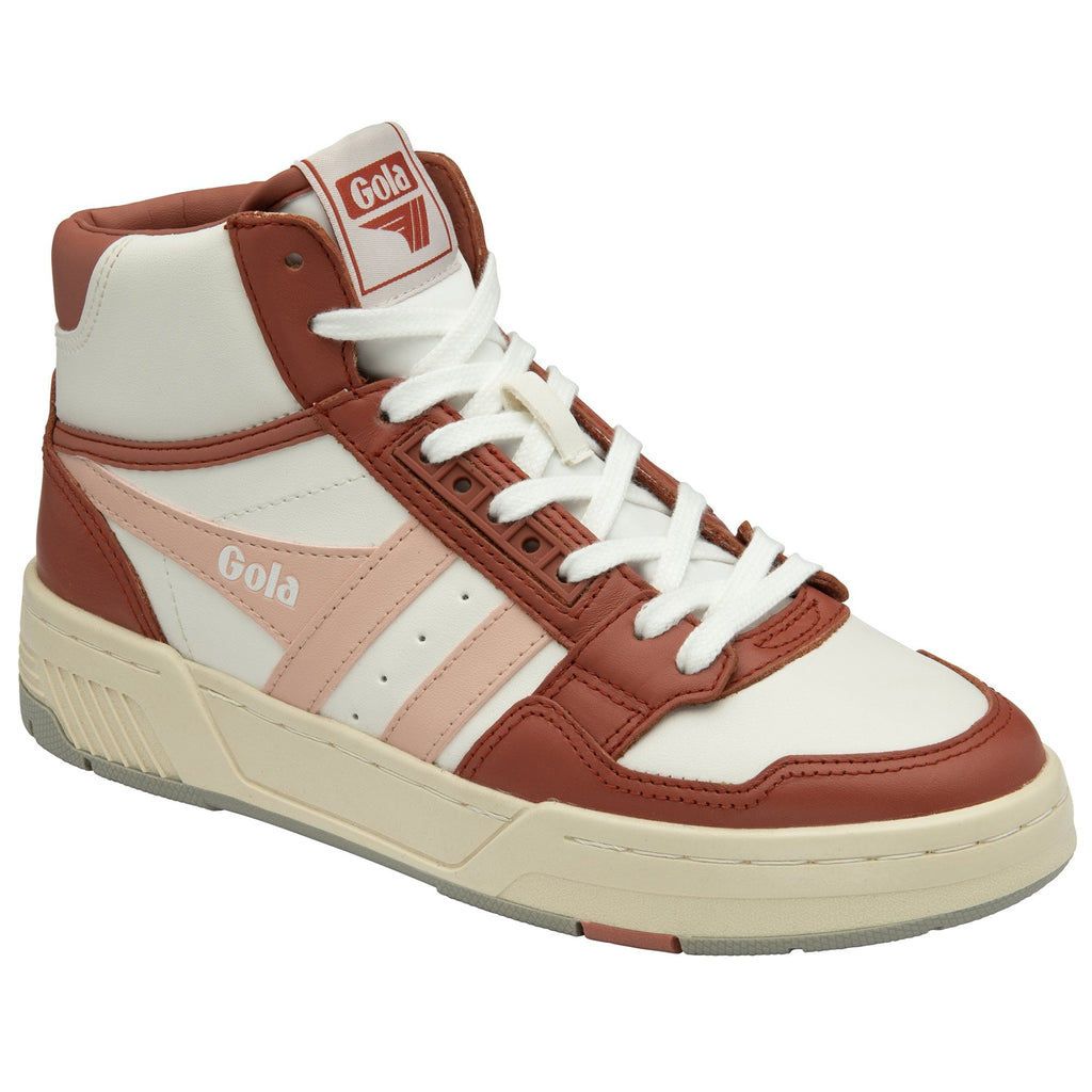 Left side view of a brown and white Gola high-top sneaker.