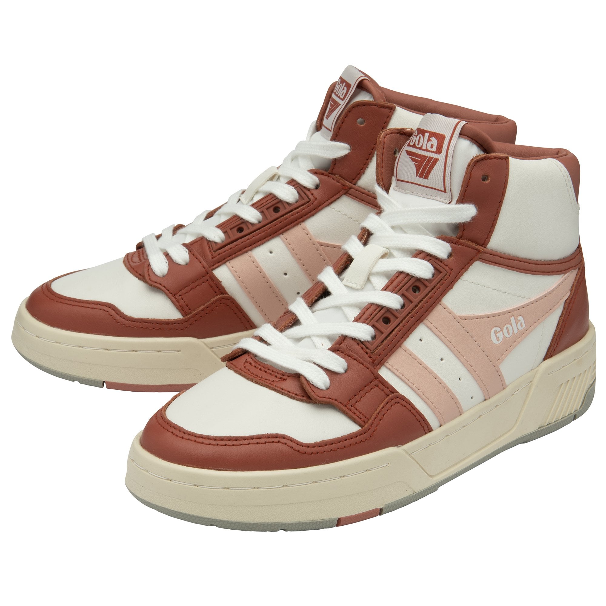Pair of brown and white Gola high-top sneakers, angled to show the outer sides.