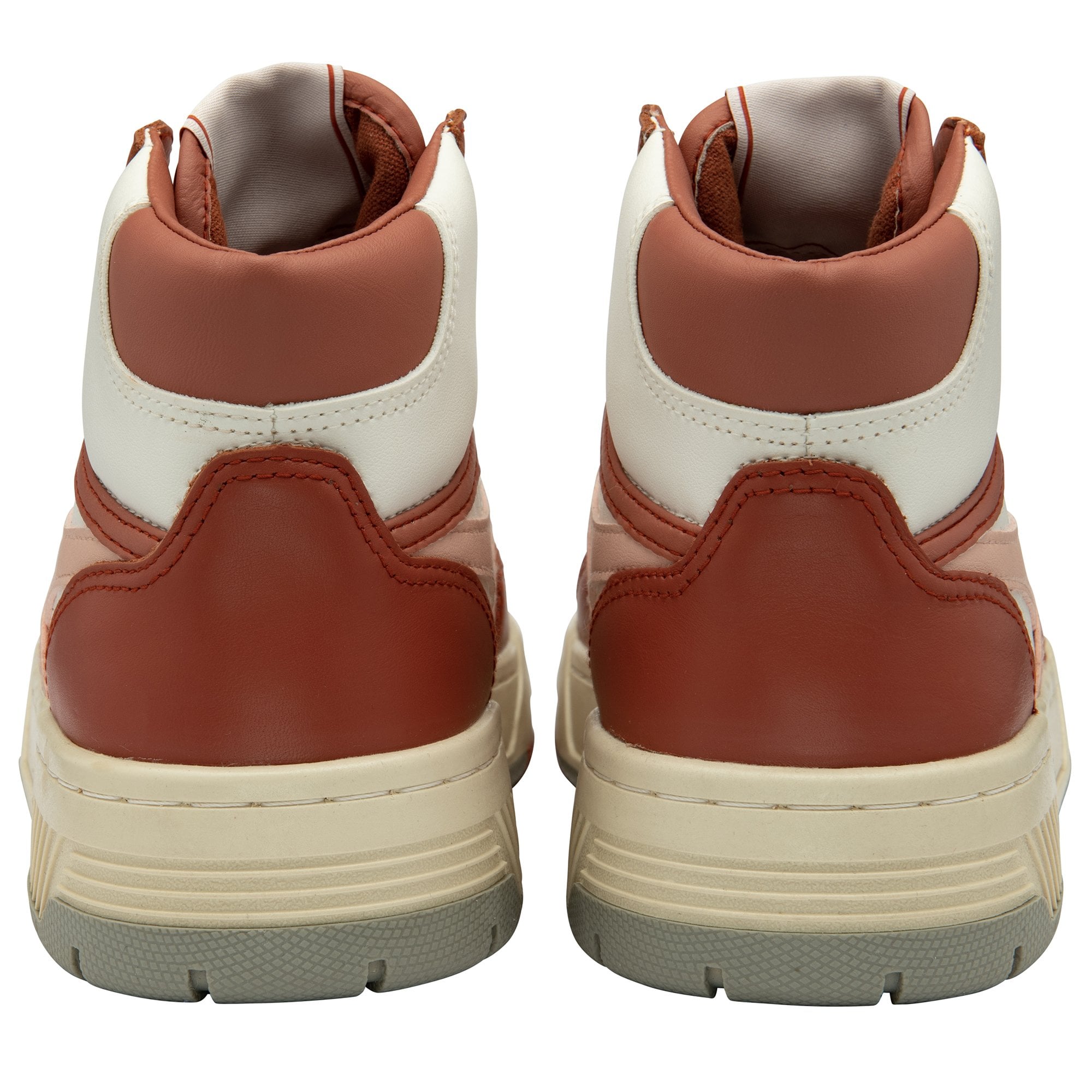 Rear view of a pair of brown and white Gola high-top sneakers.