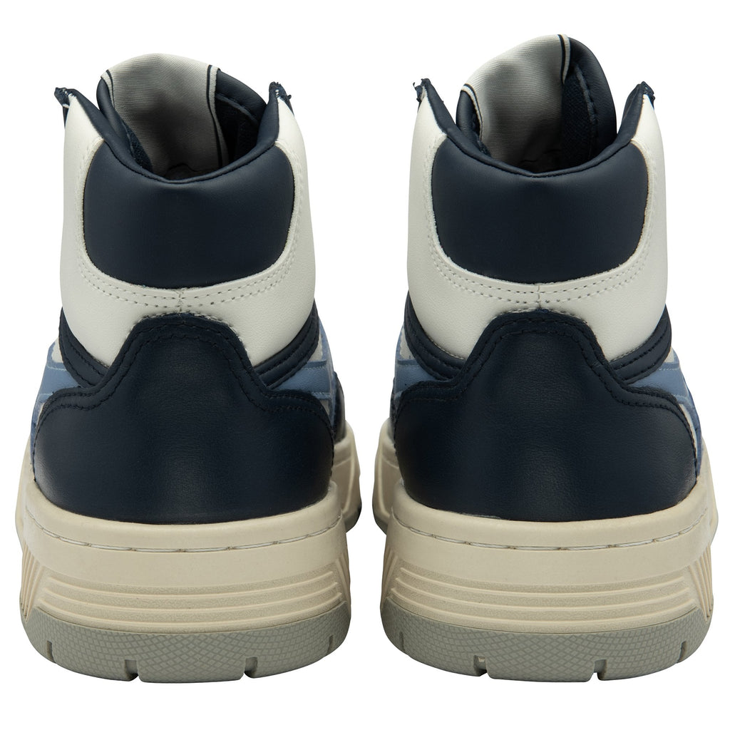 Rear view of a pair of Gola men's shoes in white, navy, and light blue.