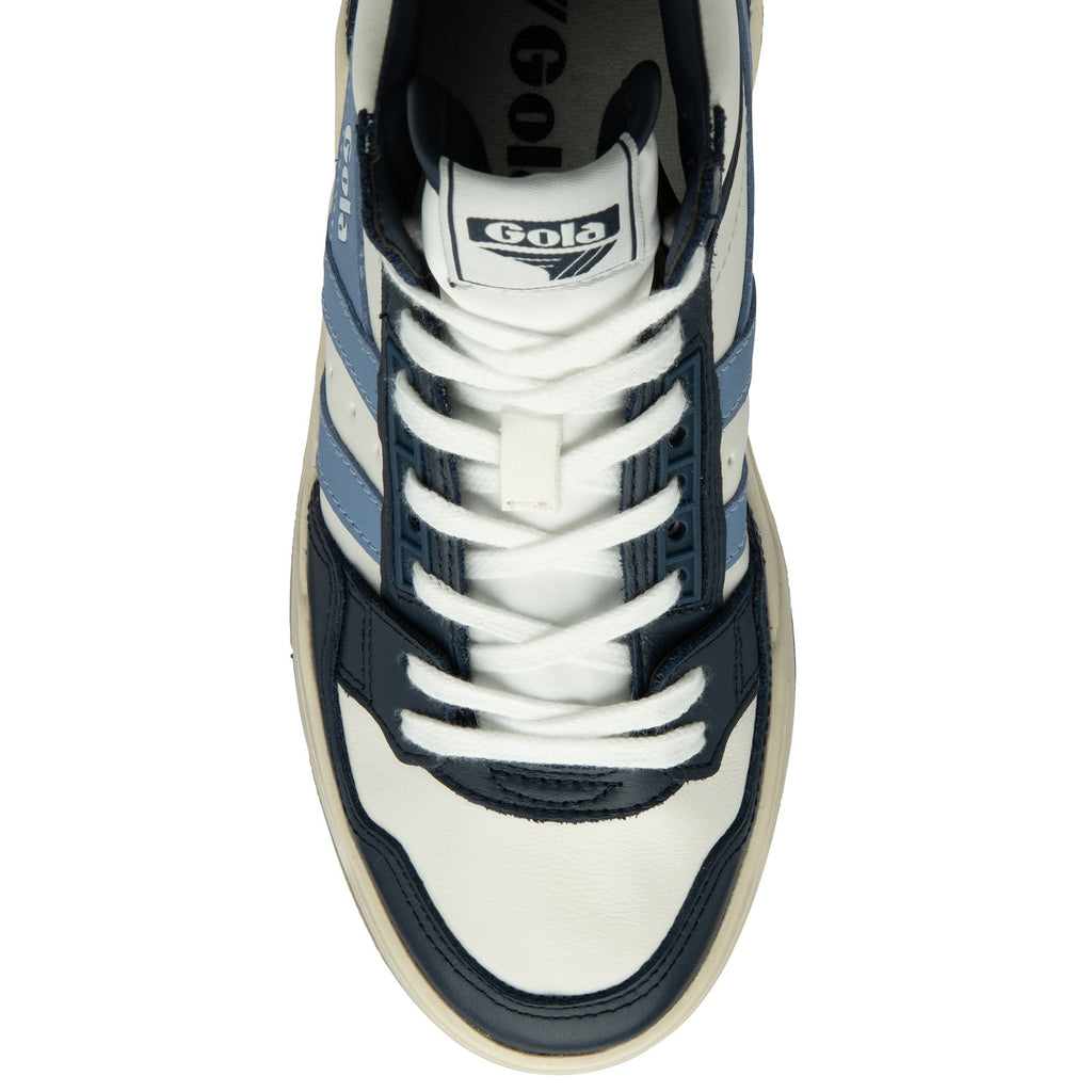 Top down view of a Gola men's shoe in white, navy, and light blue.