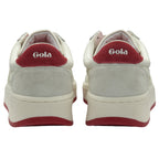 Back view of two white Gola sneakers with red heels.