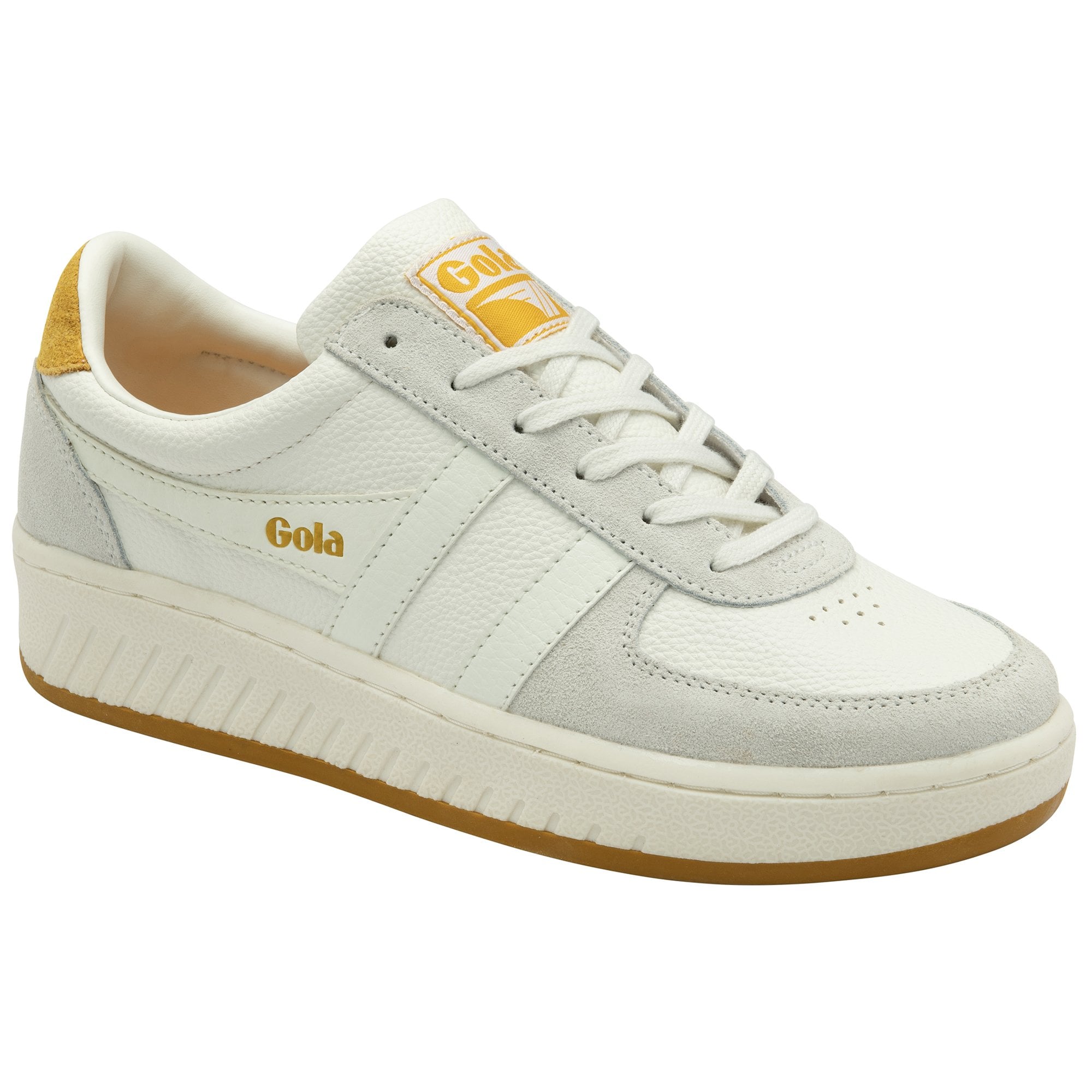 A single Gola sneaker, white with yellow accents, viewed from the side.