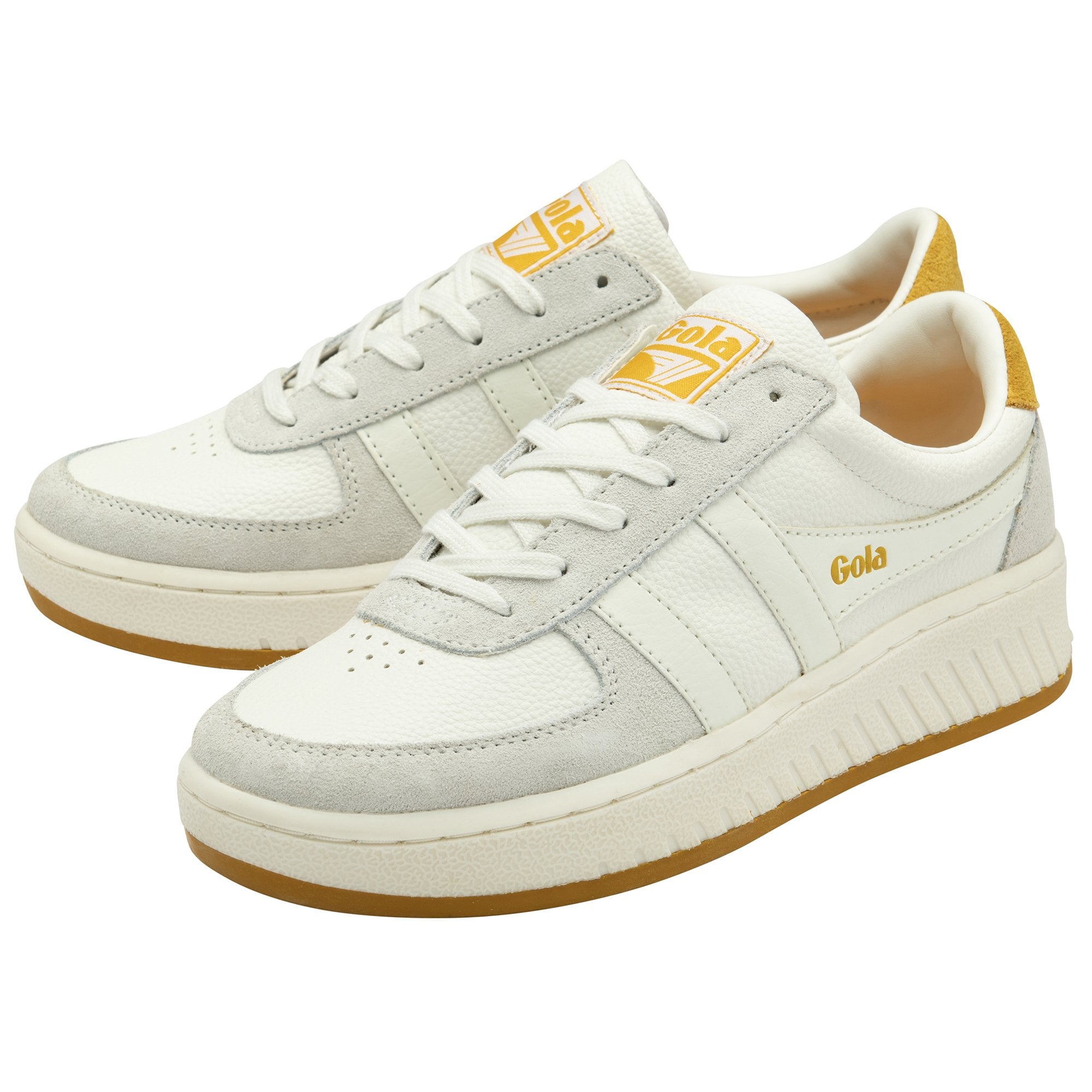 A pair of white and yellow Gola sneakers, presented side by side at an angle.