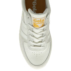 An overhead close-up view of the front of a white Gola sneaker.