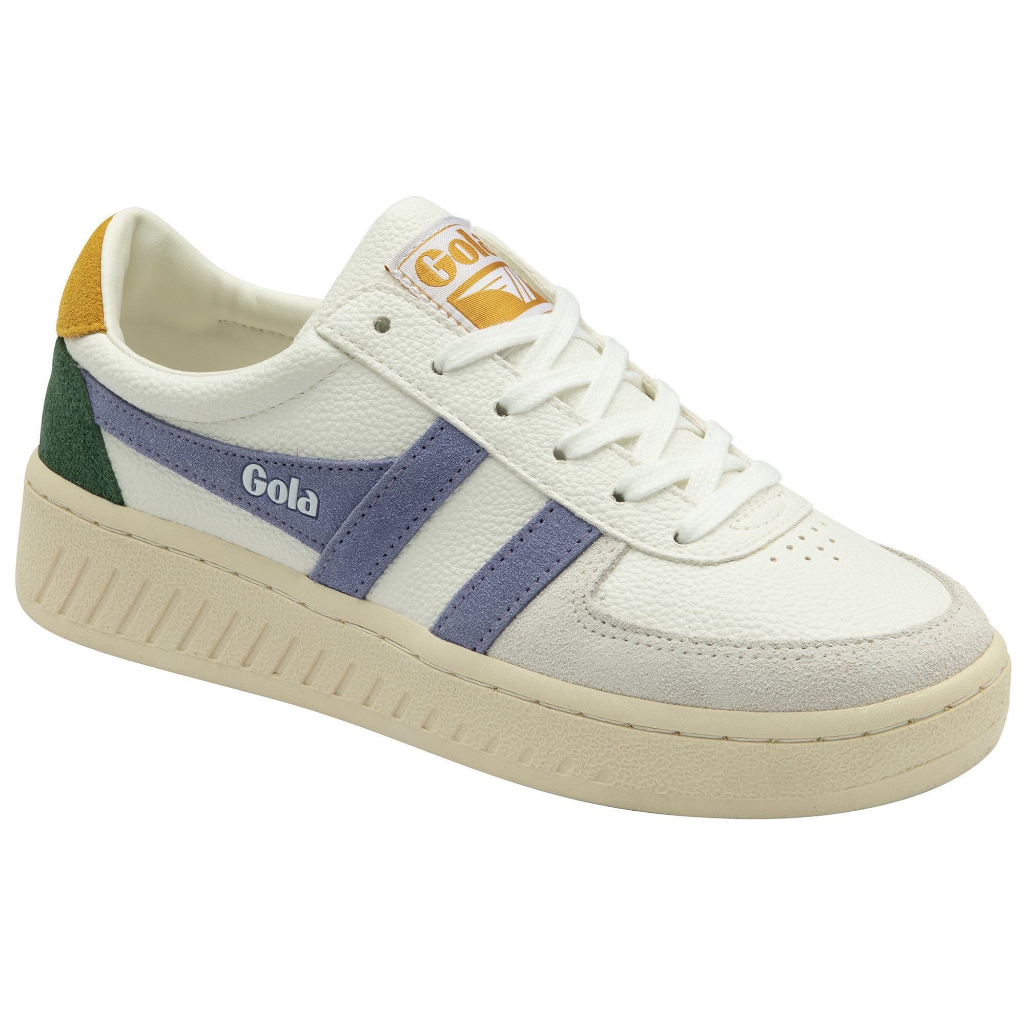 A white Gola sneaker with purple stripes, green heel, and yellow accent on a white background.