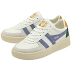 A pair of white Gola sneakers with purple stripes, green heels, and yellow accents.