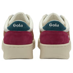 The back view of a pair of white Gola sneakers with pink and teal accents.