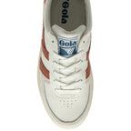 The top-down view of a white Gola sneaker with brown stripes and white laces.