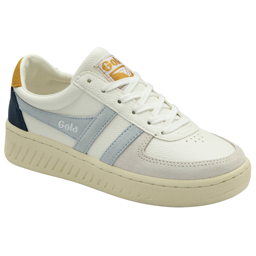 A men's white trainer with blue heel and light blue stripes.