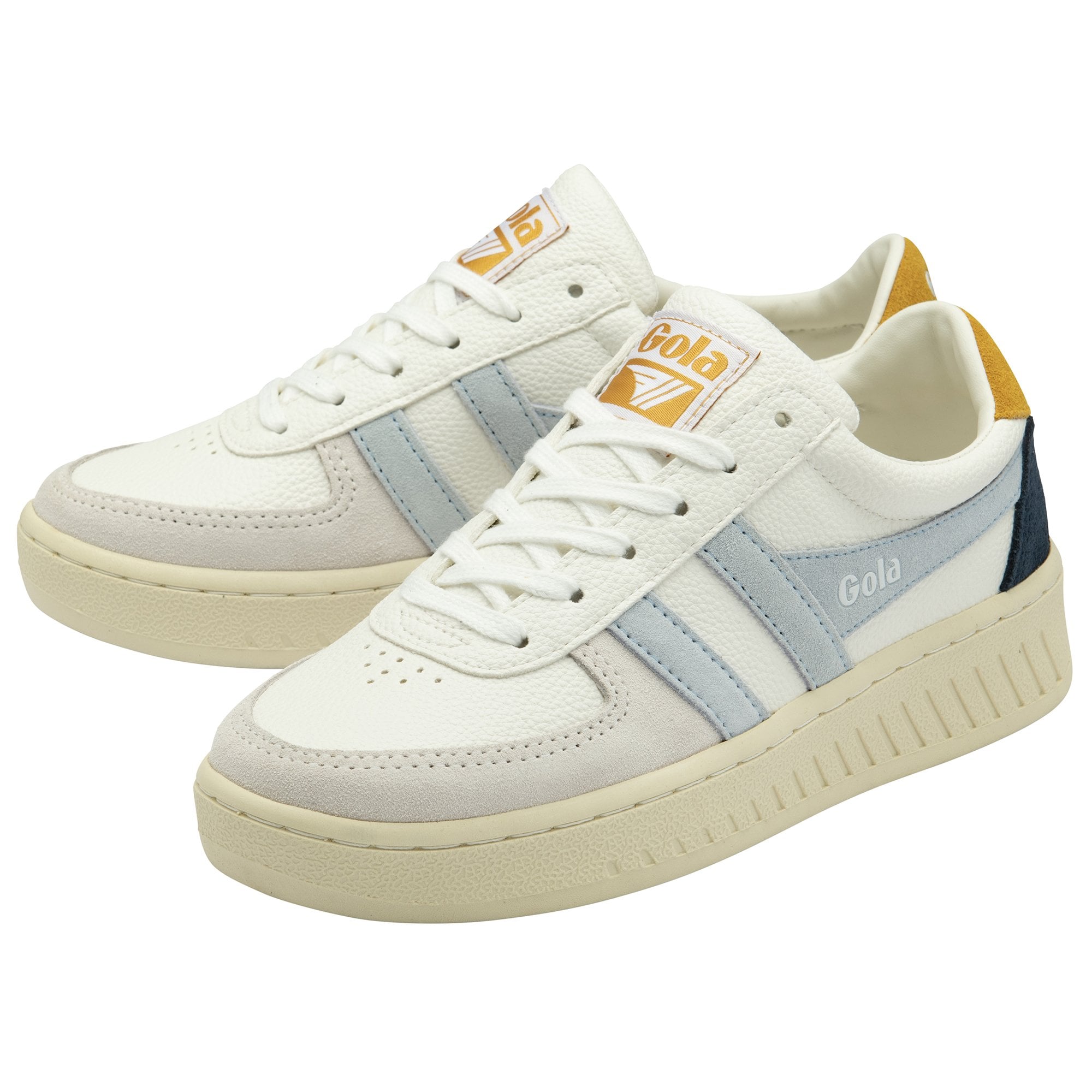 A pair of men's white trainers with blue accents at the heel and light blue stripes.