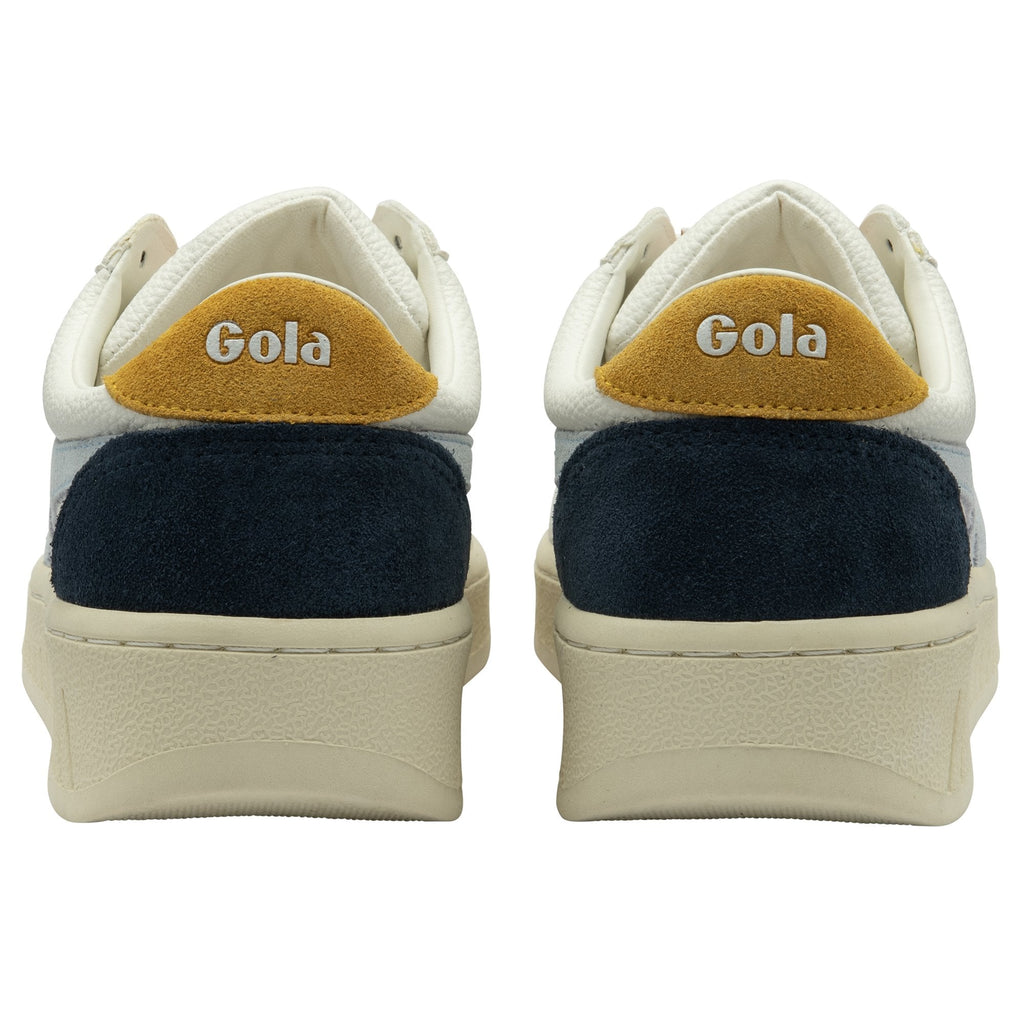 The back of a pair of men's white trainers with blue accents and the Gola logo.