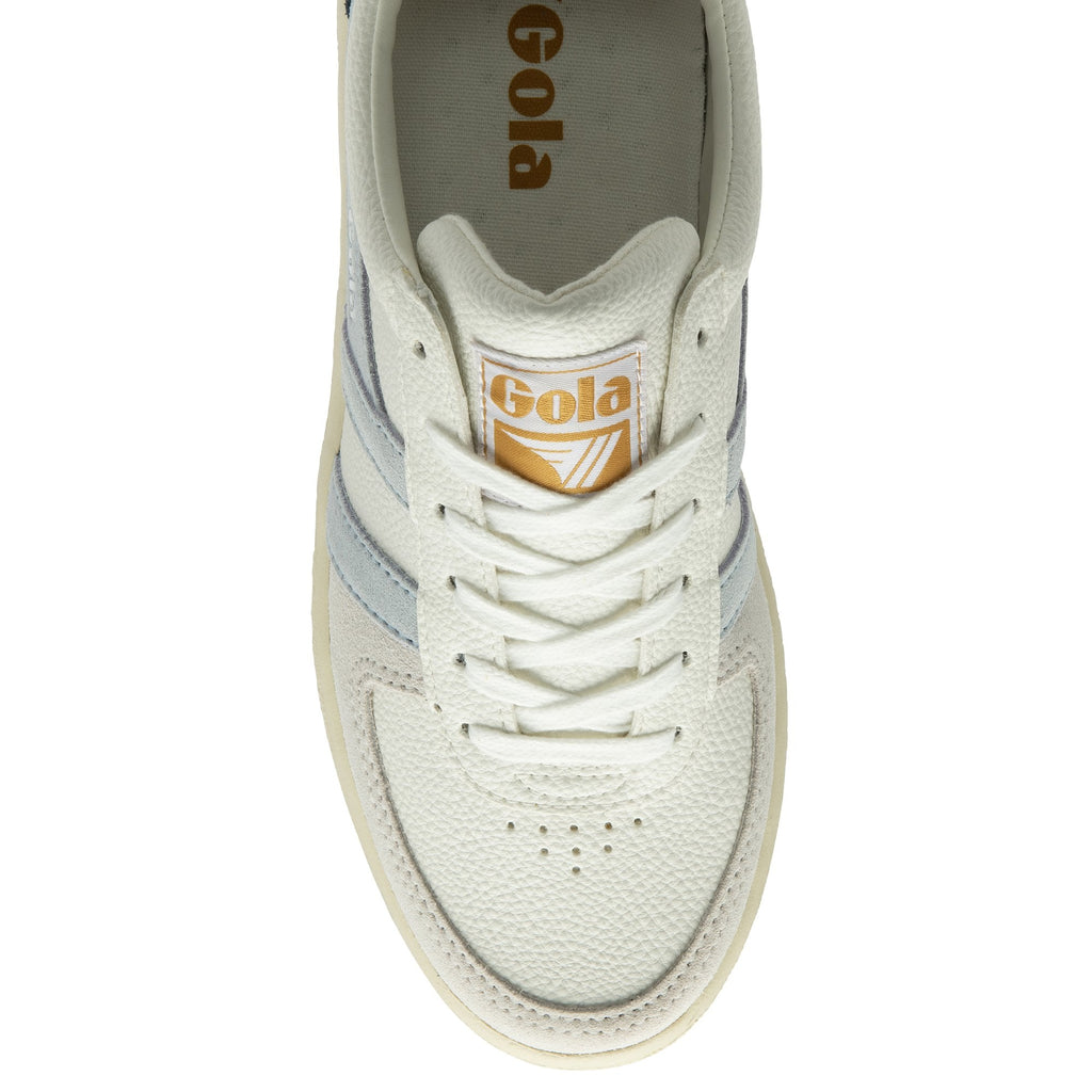 The top of a white men's trainer with light blue stripes and the Gola logo.