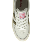 A top-down view of a white Gola sneaker, showing the laces and Gola logo.