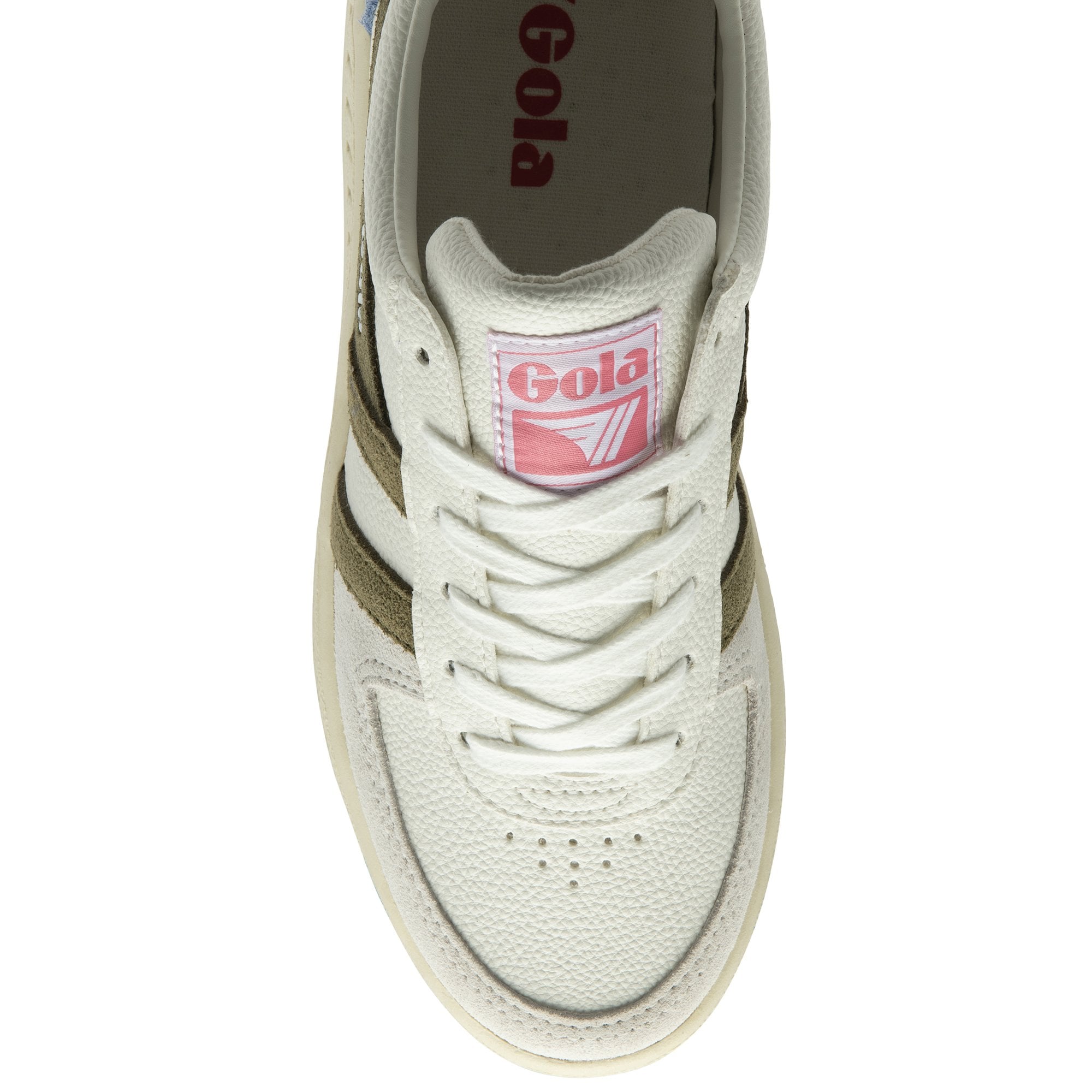 A top-down view of a white Gola sneaker, showing the laces and Gola logo.