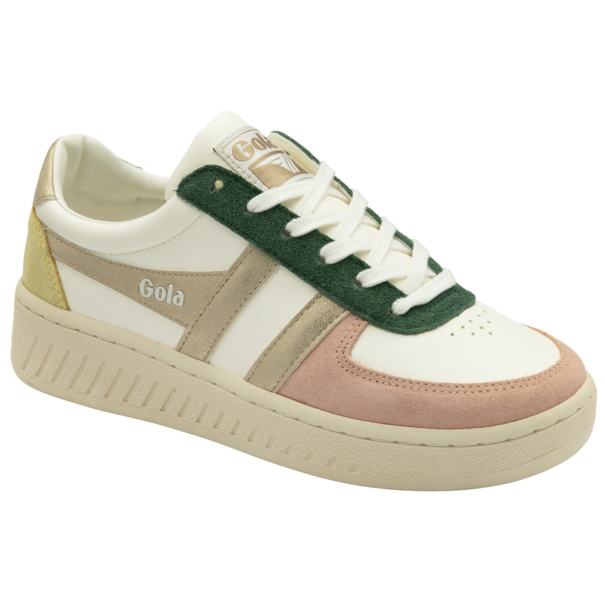 A single women's sneaker with white, pink, green, and gold accents on a white background.