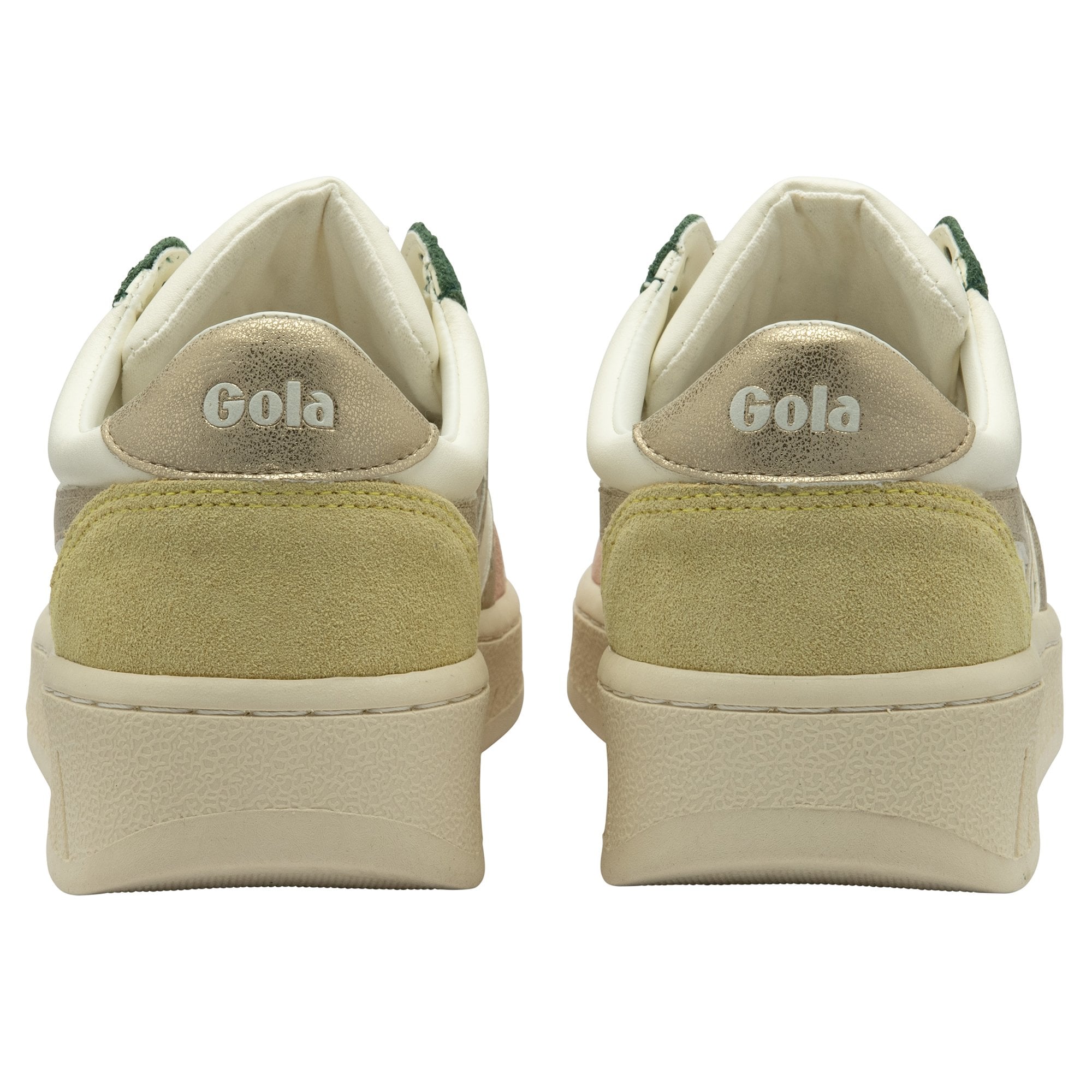 The back view of a pair of women's sneakers with white, green, and gold accents.