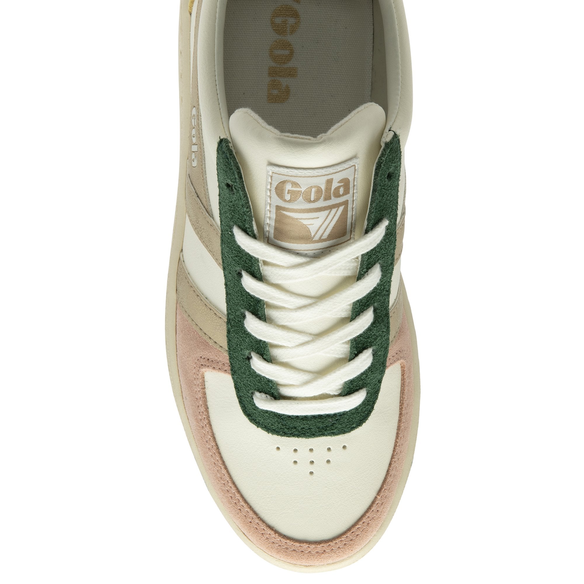 A top-down view of a single women's sneaker with white, pink, green, and gold accents.