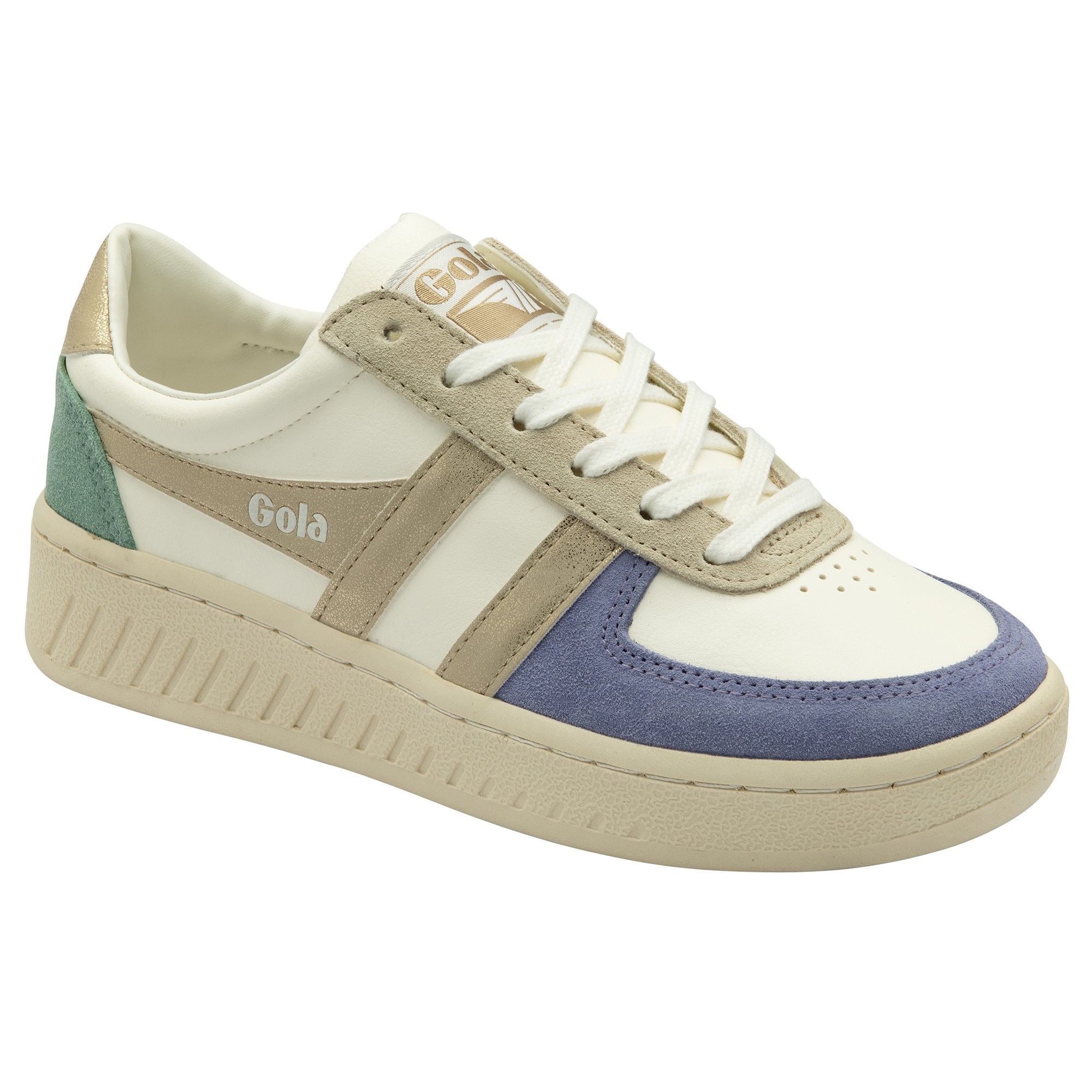 A single white Gola sneaker with gold, tan, blue, and teal accents on a white background.