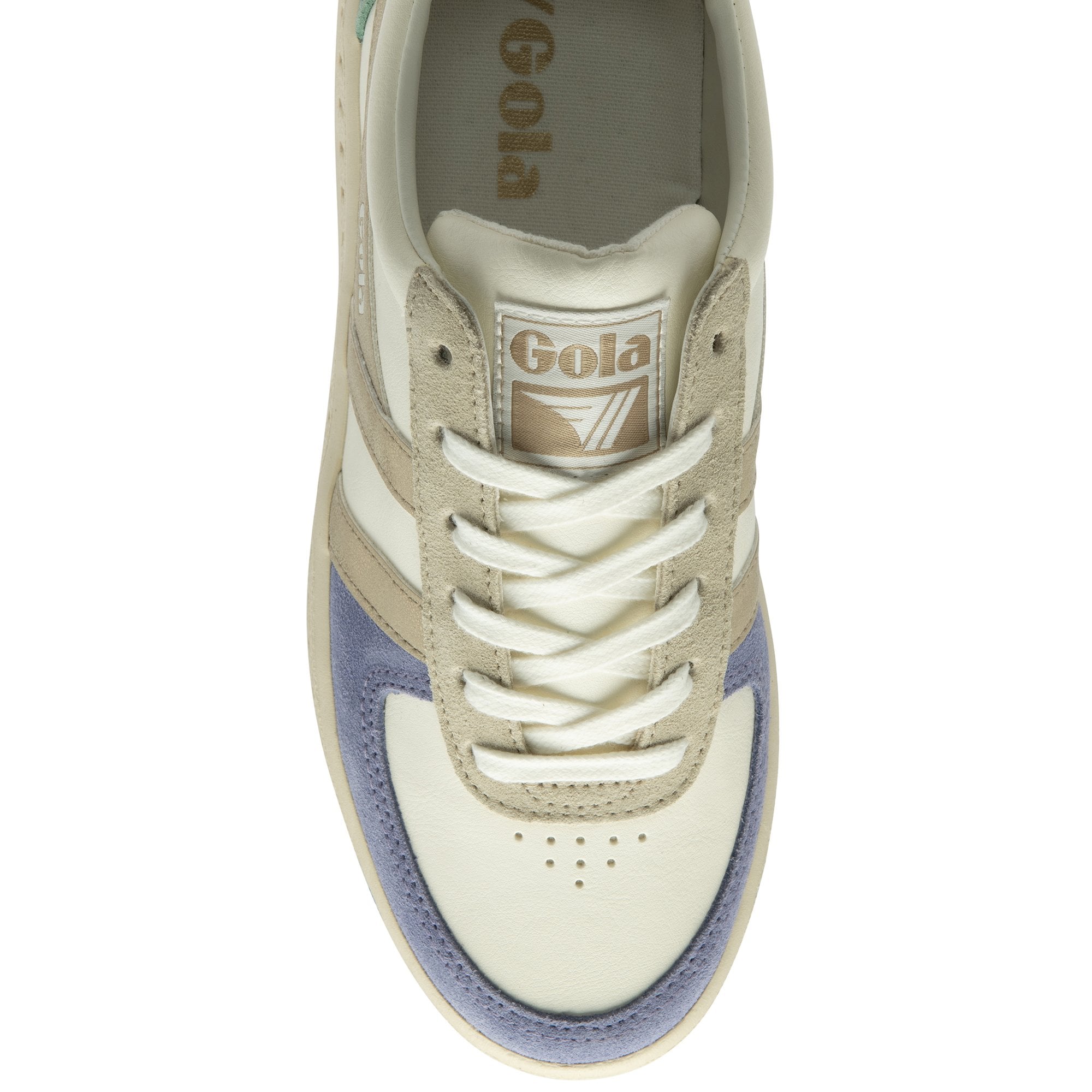 Top-down view of a white Gola sneaker with gold, tan, and blue accents, showcasing the laces.