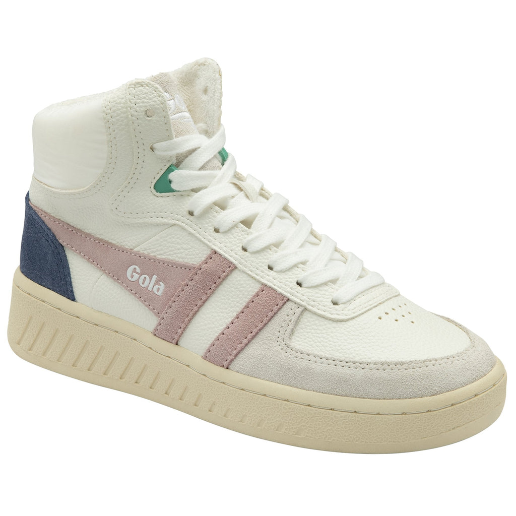 A white Gola high-top sneaker with pink stripes and a blue heel, angled on a white background.