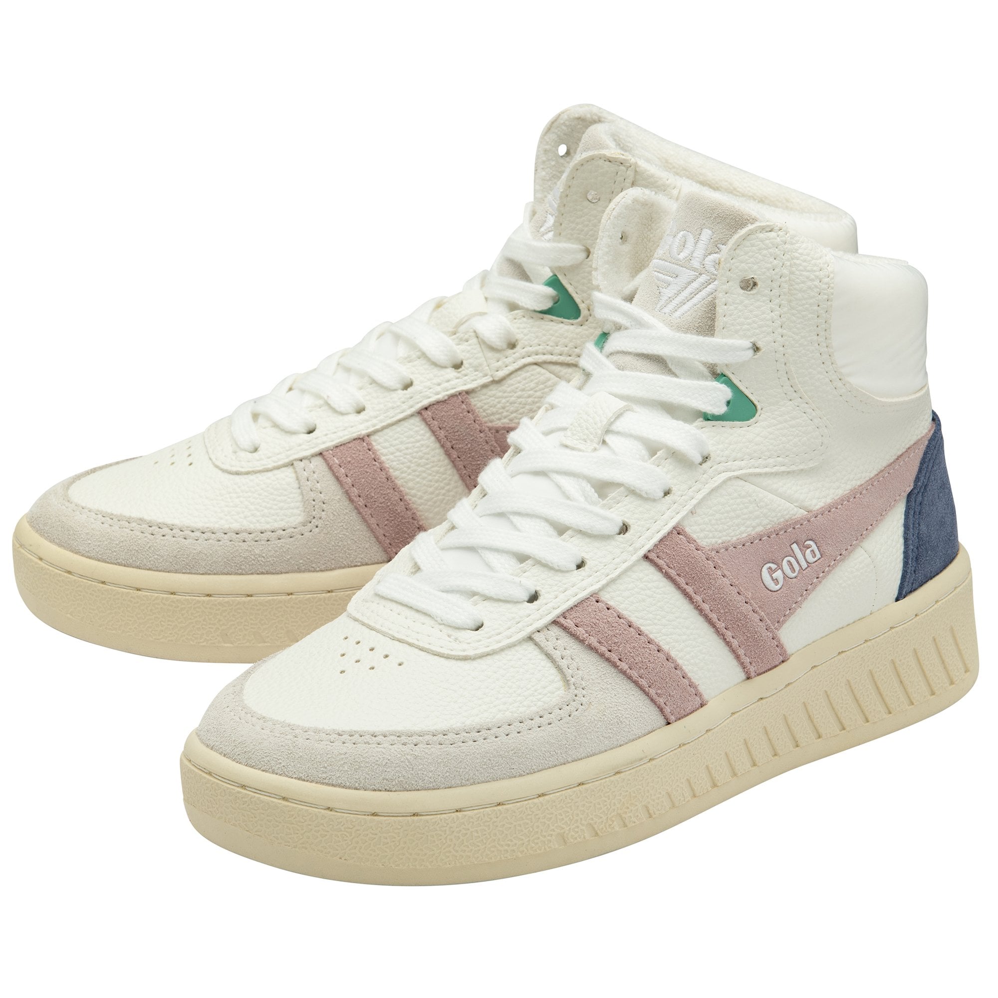 A pair of white Gola high-top sneakers with pink stripes and blue heel accents.