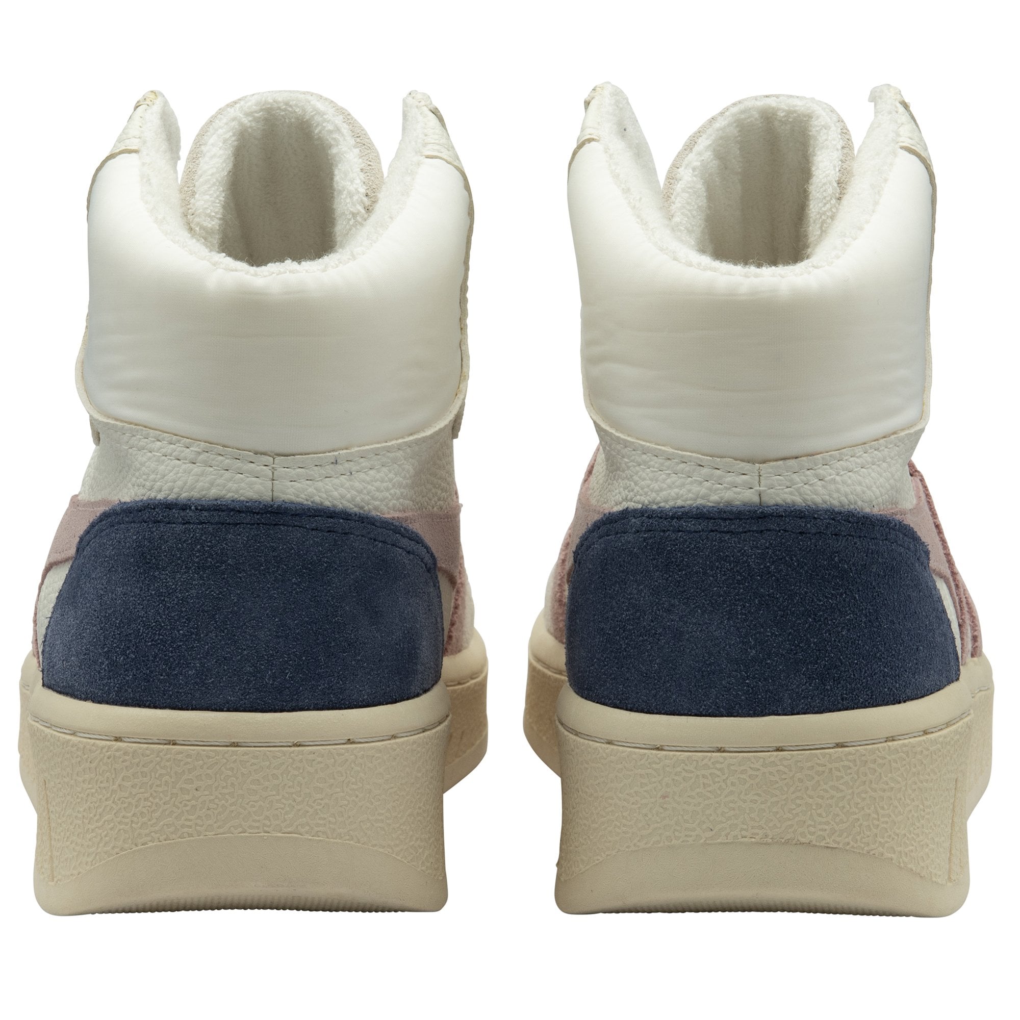 The rear view of two white Gola high-top sneakers with blue heel accents.