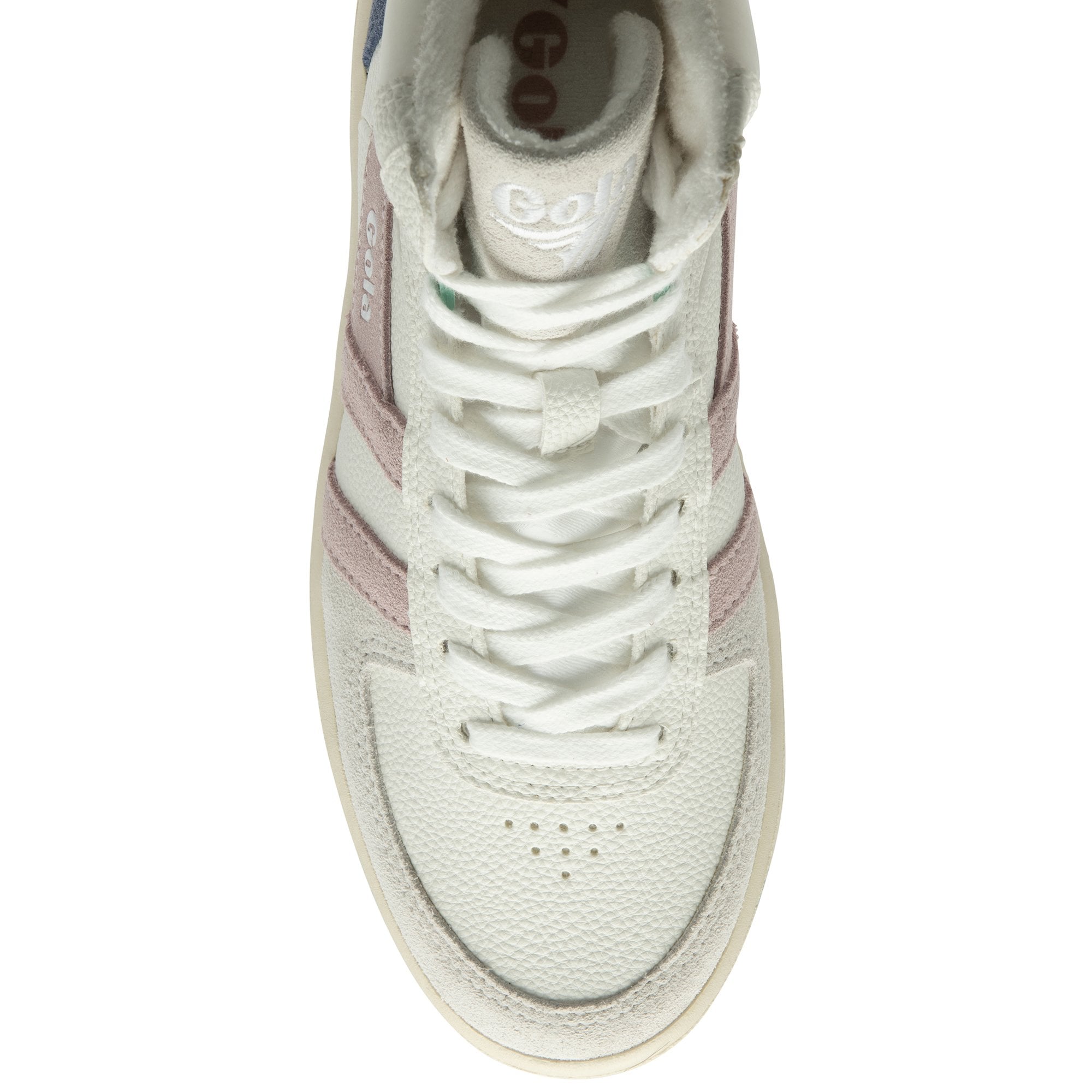 The top-down view of a white Gola high-top sneaker with pink stripes and white laces.