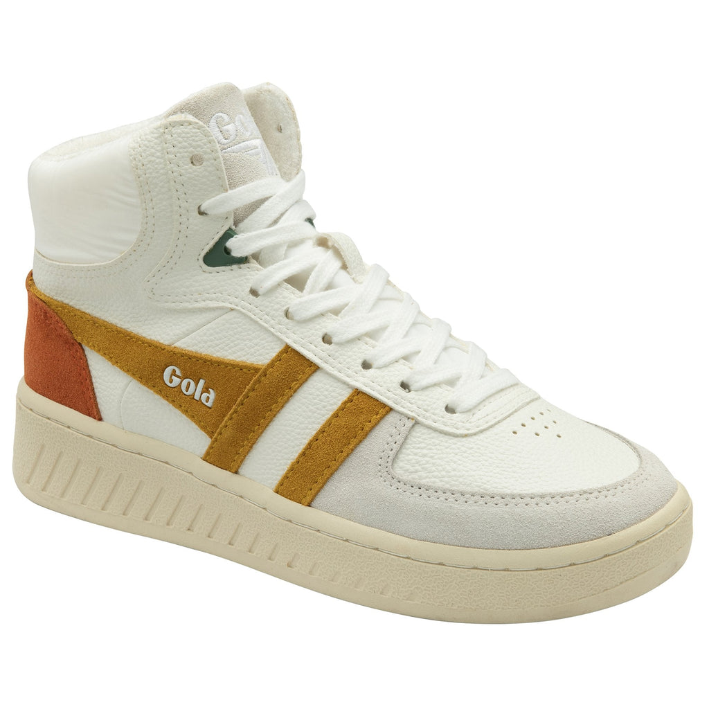 A white Gola high-top sneaker with mustard yellow and brown accents on a white background.