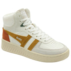 A white Gola high-top sneaker with mustard yellow and brown accents on a white background.