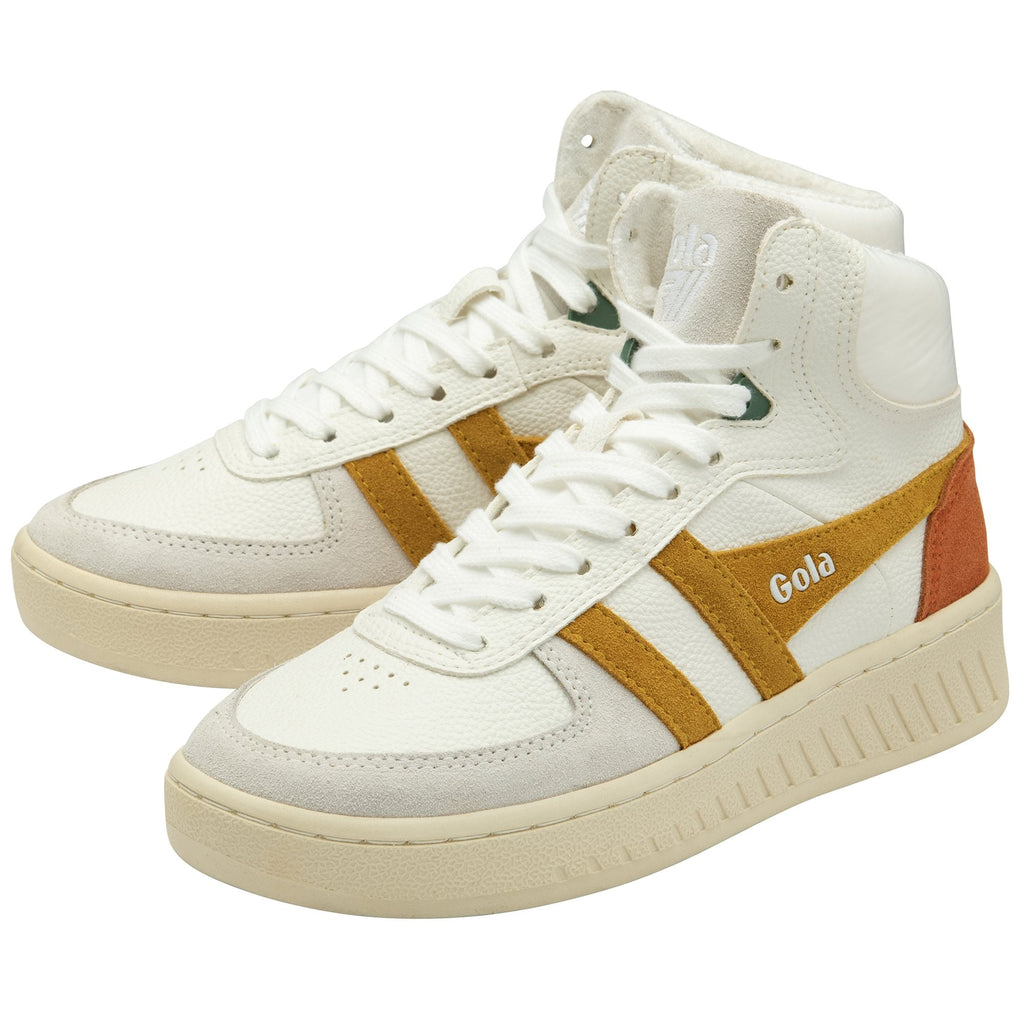 A pair of white Gola high-top sneakers with mustard yellow and brown accents.