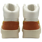 The back of two white Gola high-top sneakers with brown suede heel panels.