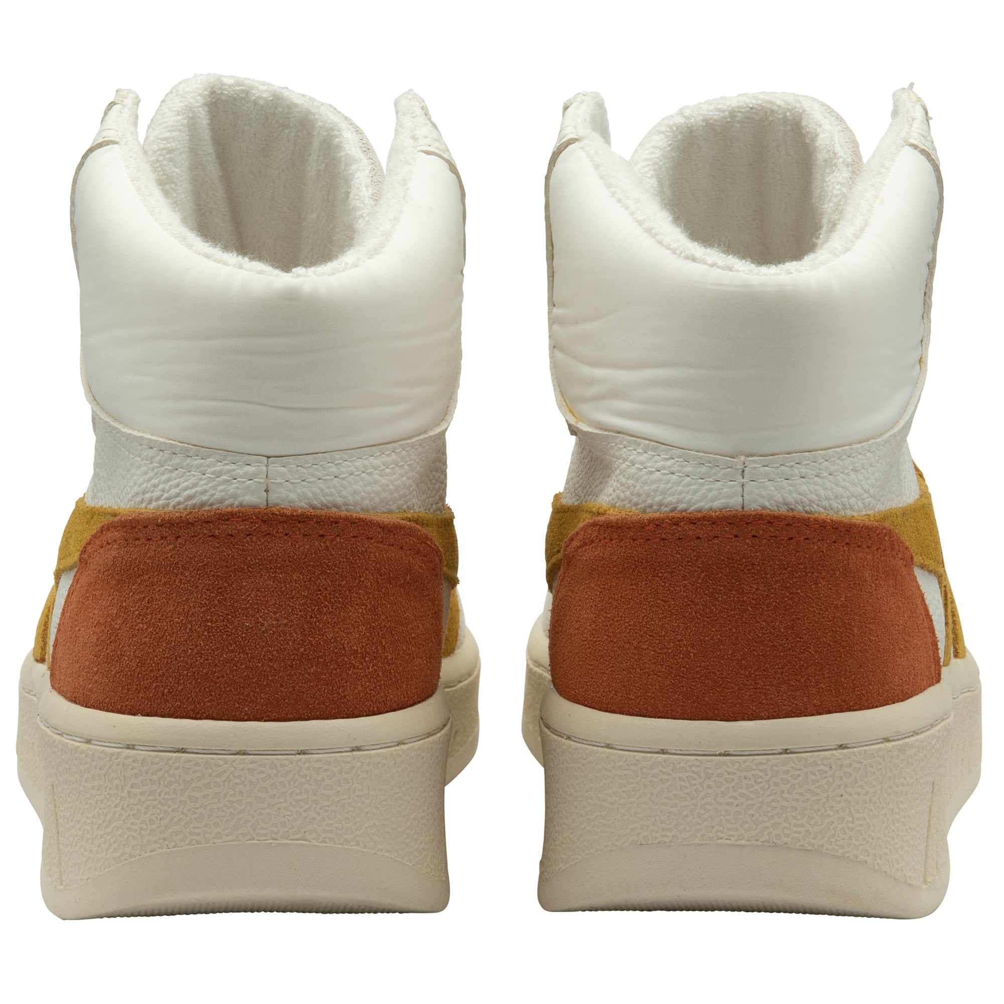 The back of two white Gola high-top sneakers with brown suede heel panels.