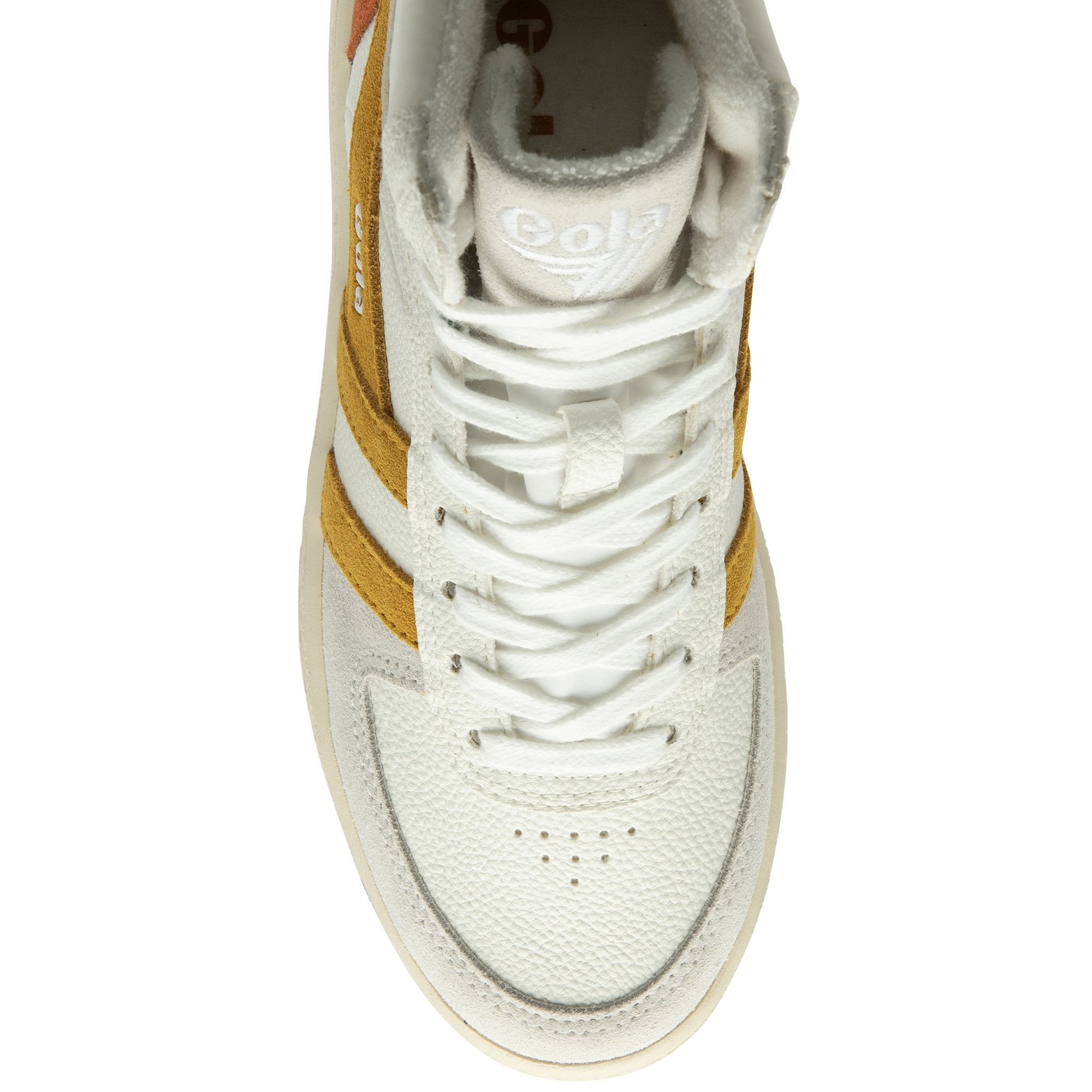 A top-down view of a white Gola high-top sneaker with mustard yellow stripes.