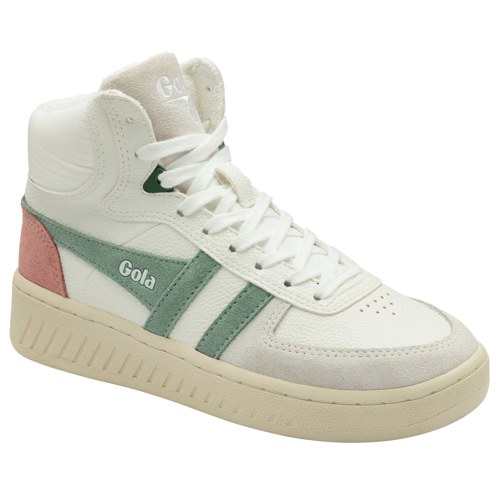 A white Gola high-top sneaker with green stripes and a pink heel patch.