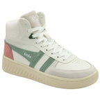 A white Gola high-top sneaker with green stripes and a pink heel patch.