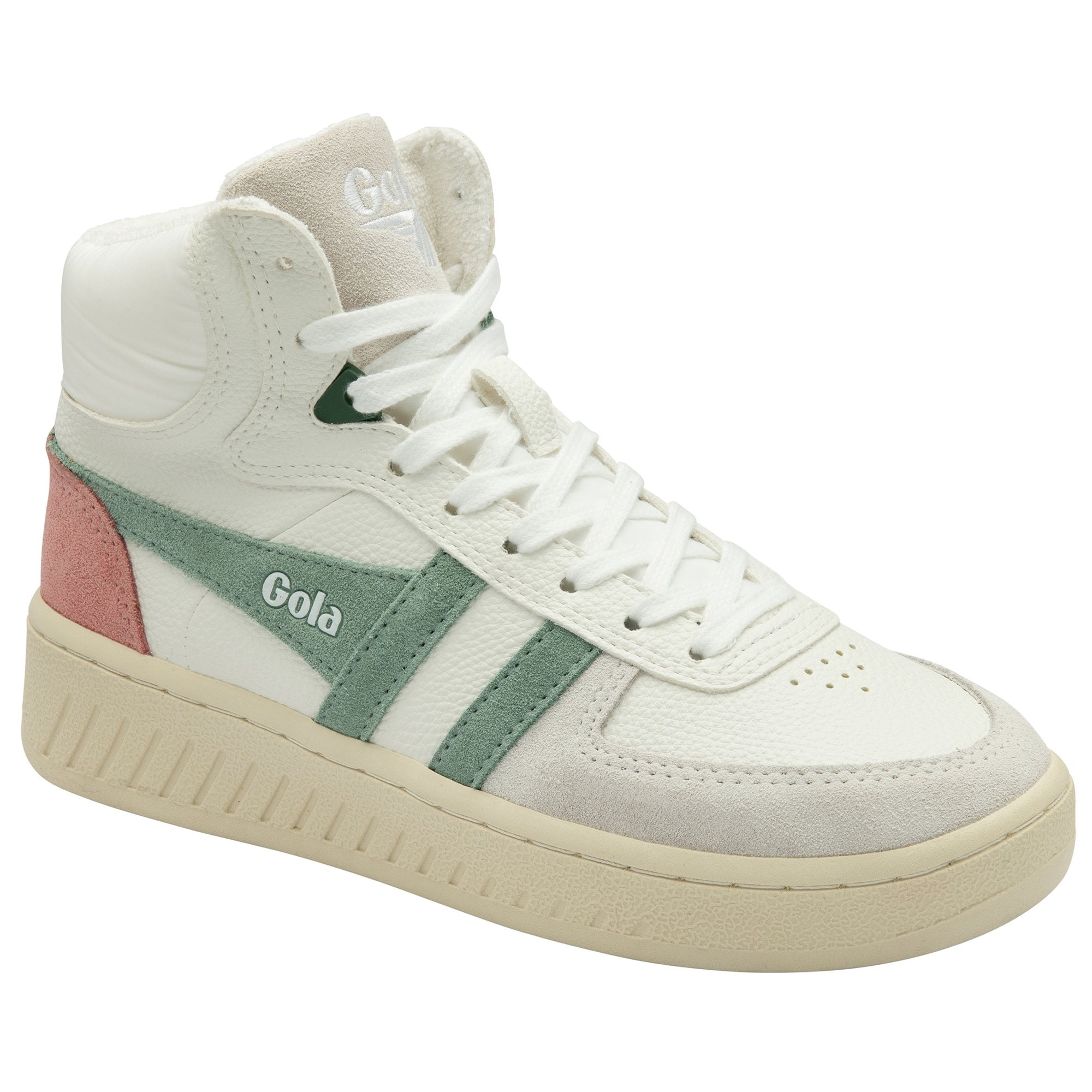 A white Gola high-top sneaker with green stripes and a pink heel patch.