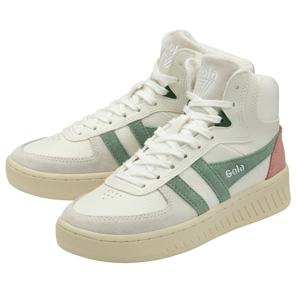 A pair of white Gola high-top sneakers with green stripes and pink heel accents.