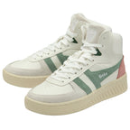 A pair of white Gola high-top sneakers with green stripes and pink heel accents.