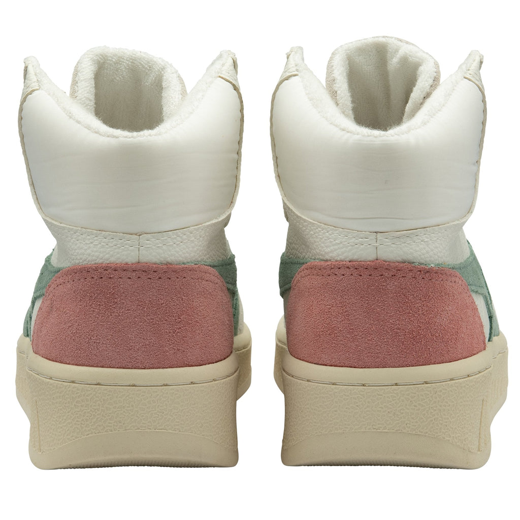 The back view of two Gola high-top sneakers with pink suede heels and white uppers.