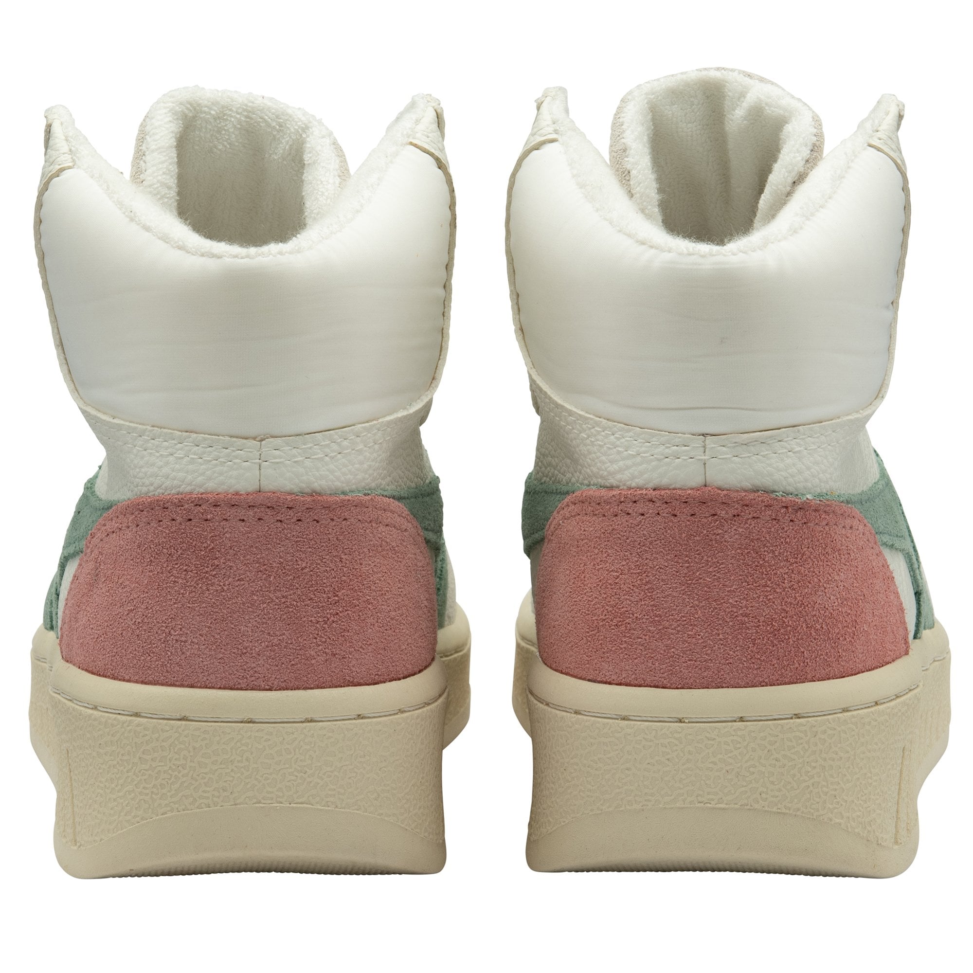 The back view of two Gola high-top sneakers with pink suede heels and white uppers.
