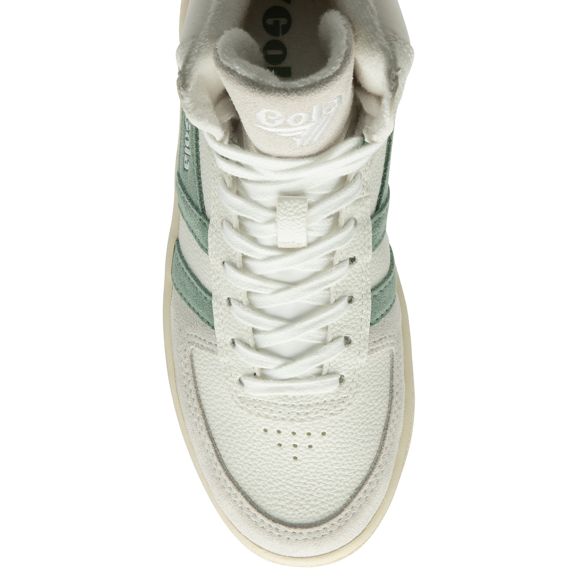 An overhead view of the toe box and laces of a white Gola high-top sneaker.