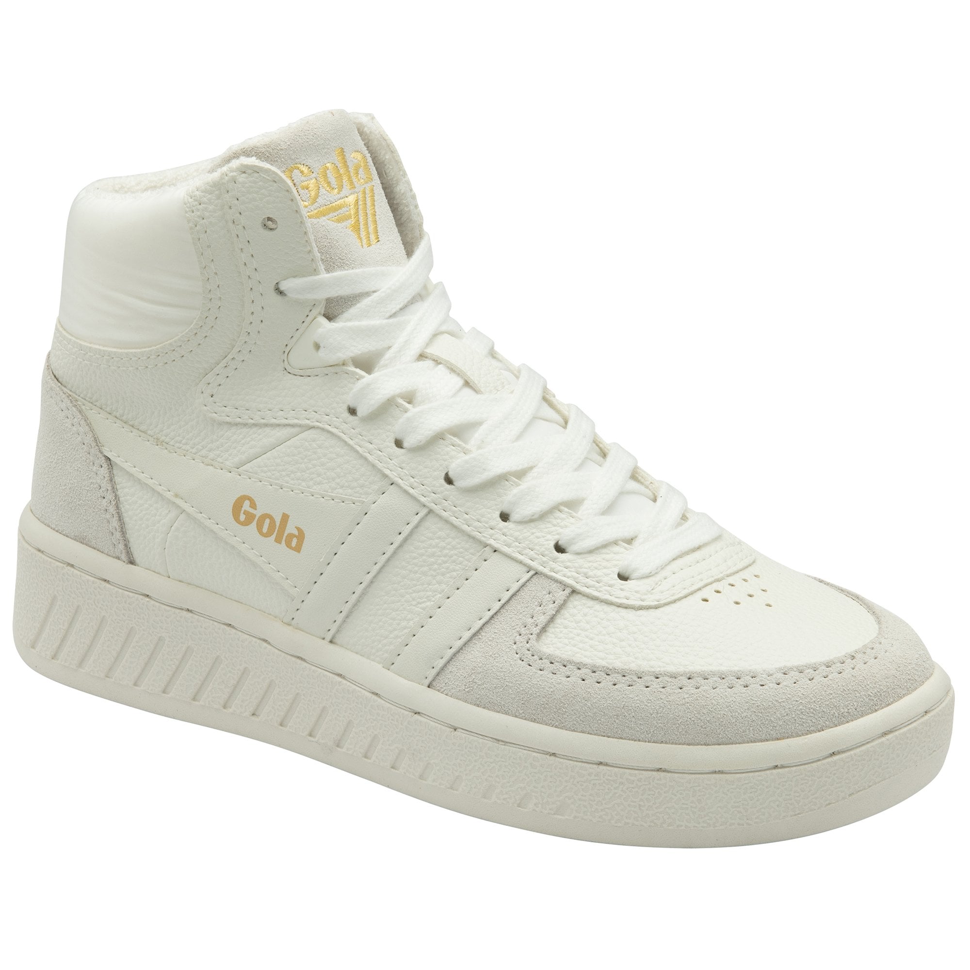 A single white high-top sneaker with gold Gola branding on the side.