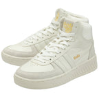 A pair of white high-top Gola sneakers with gold branding.